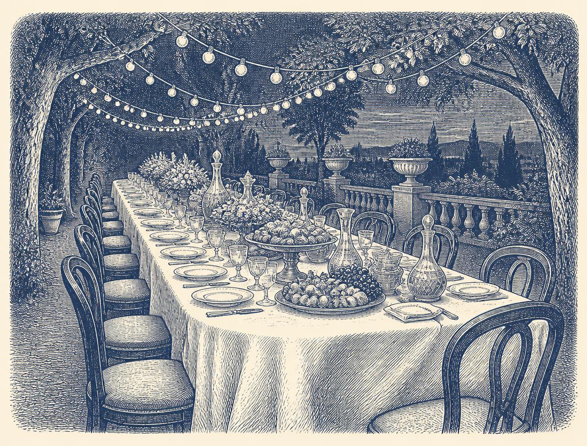 Engraving of a long banquet table set outdoors beneath strung lights