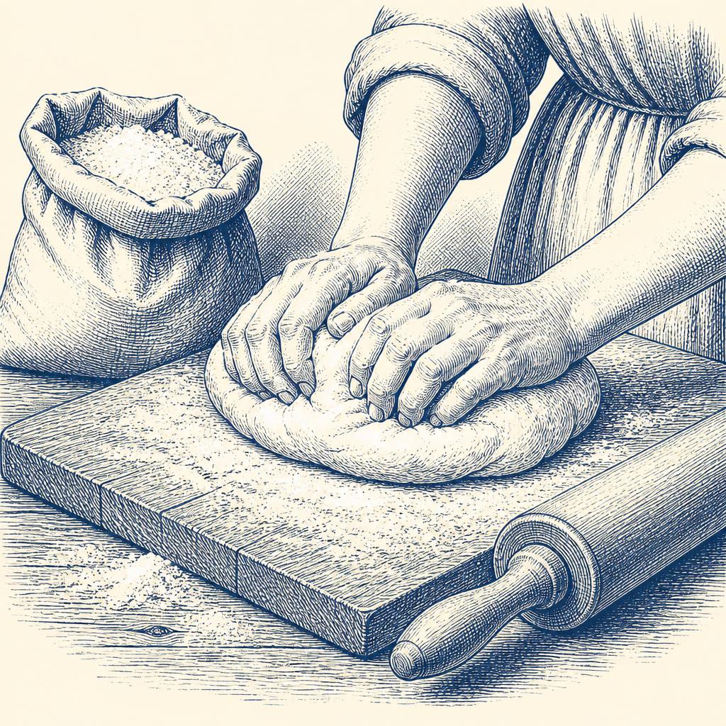 Engraving of hands kneading dough on a floured board