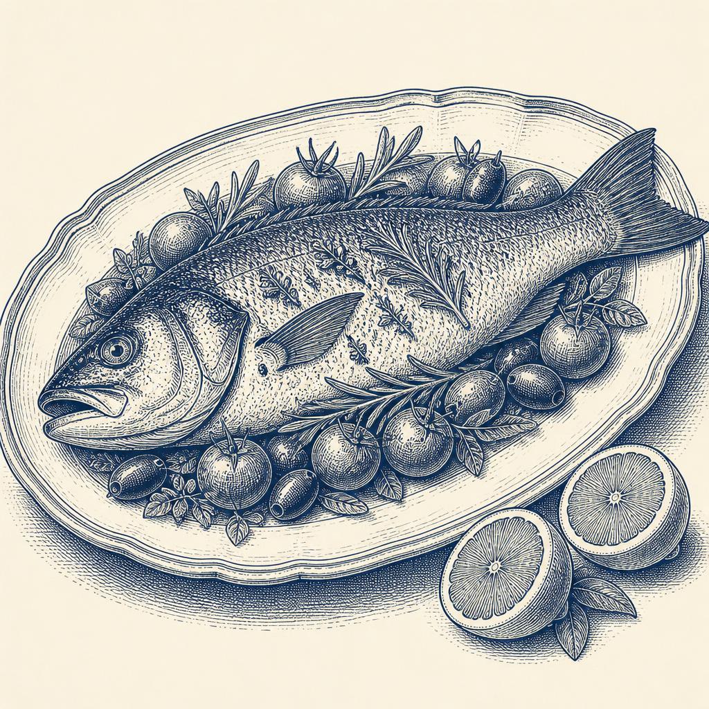 Engraving of a whole roasted sea bass on a platter with tomatoes and lemon