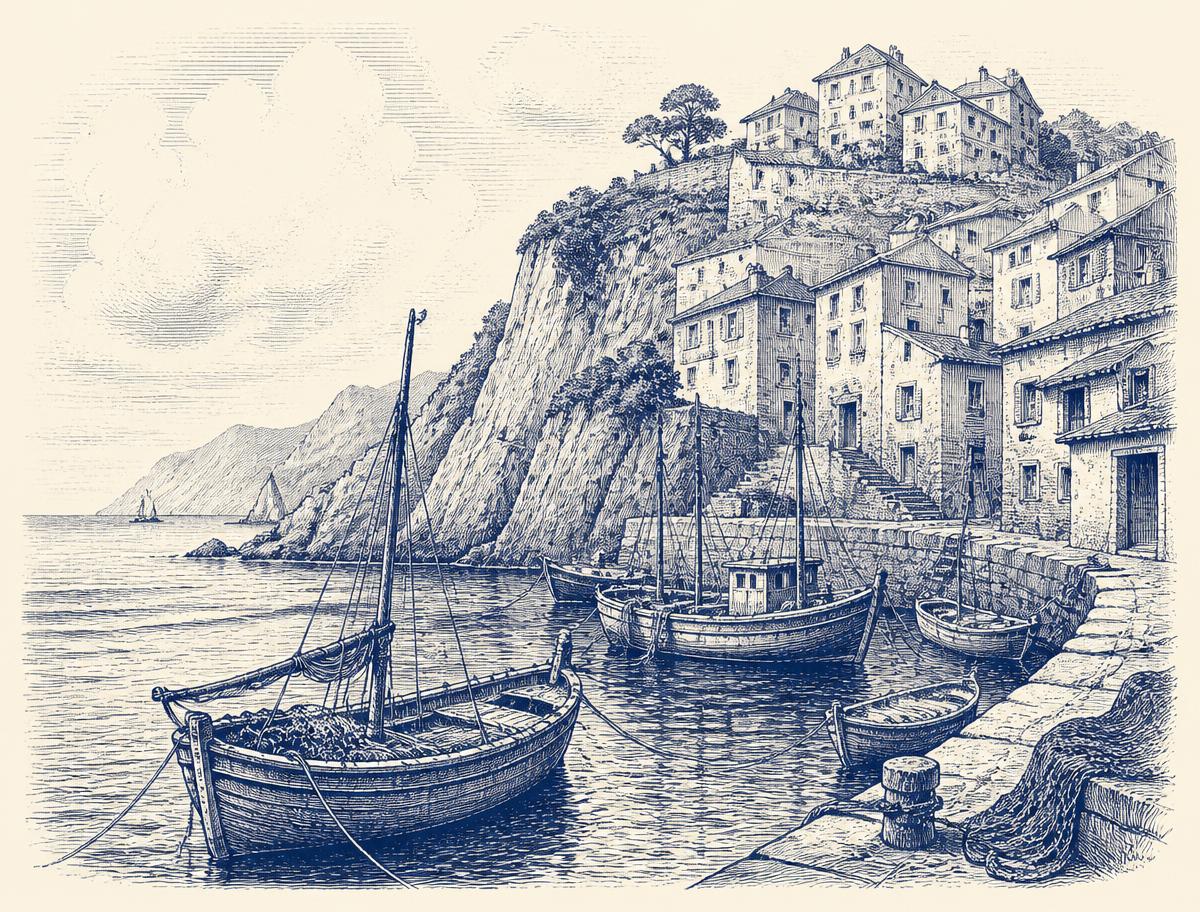 Engraving of a harbour of fishing boats below a cliffside village