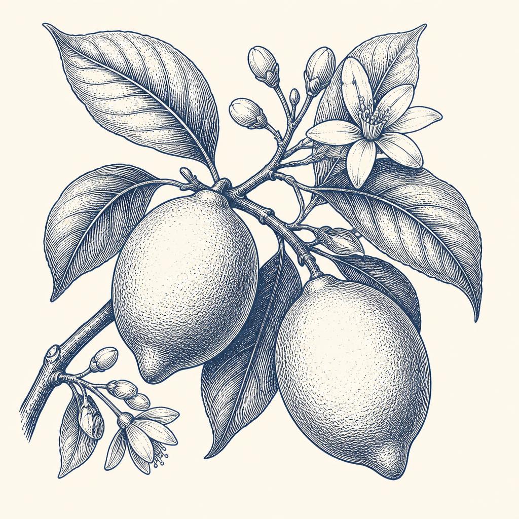 Botanical engraving of a lemon branch with fruit and blossom