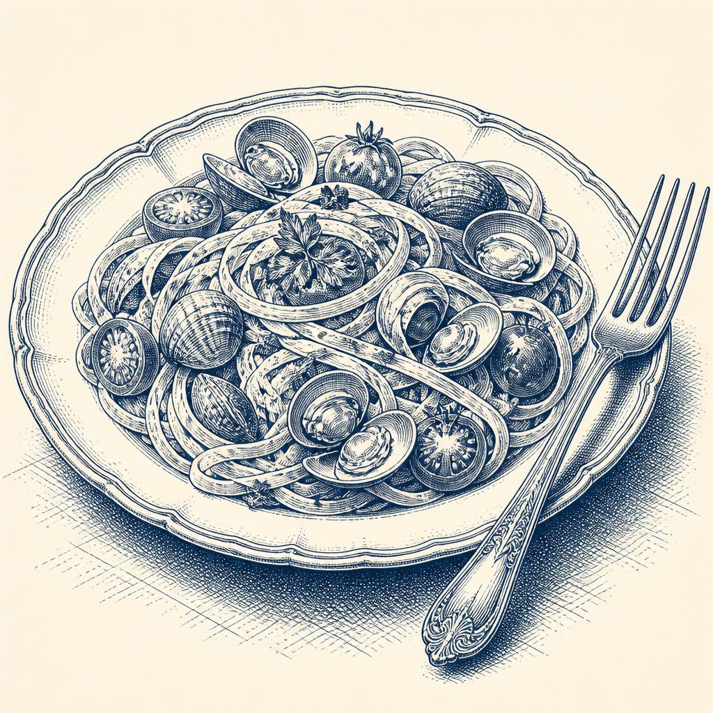 Engraving of a bowl of pasta with clams
