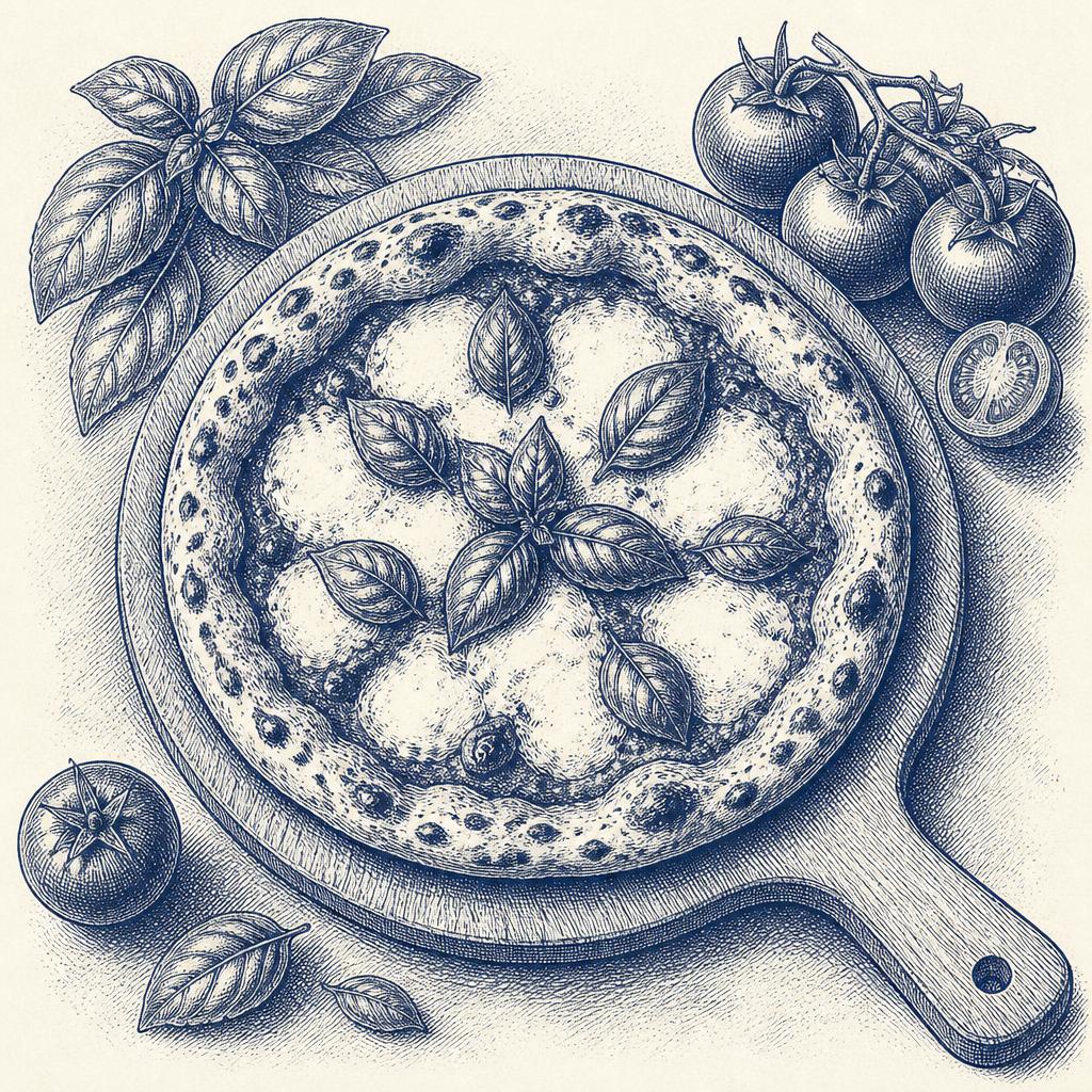 Engraving of a Margherita pizza with basil