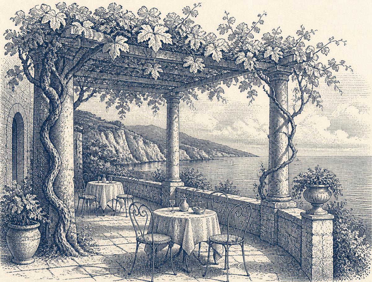 Engraving of the pergola terrace laid with tables